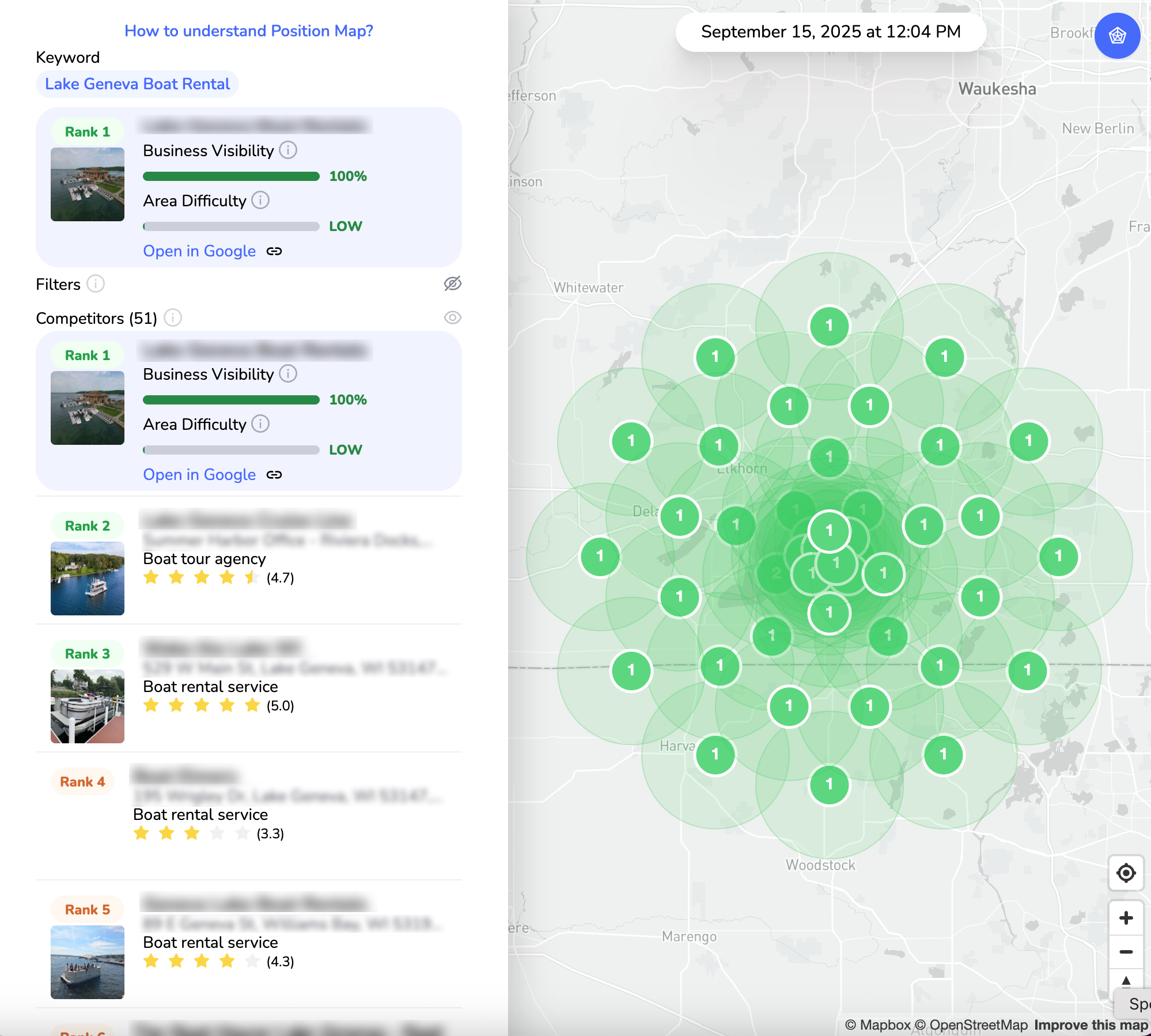 Local SEO ranking grid map with Google review panel